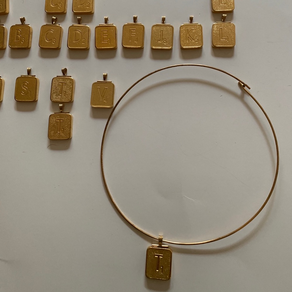 24K Plated Scrabble Letters on Gold tone Necklace